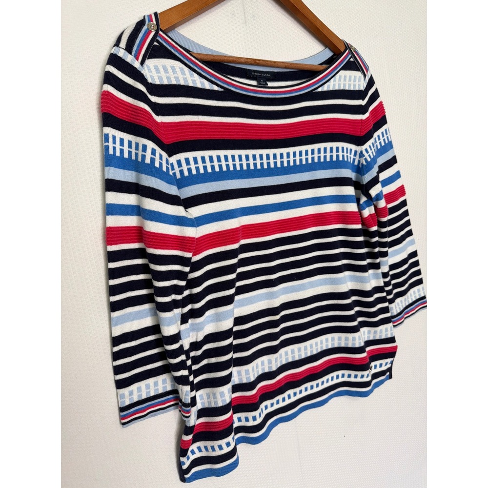 Tommy Hilfiger Womens Striped Boat Neck Sweater Navy Red Blue Button Shoulder M - Picture 4 of 10